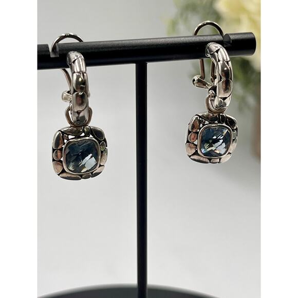 Sterling Silver 925 Faceted Blue CZ Bali‎ Style Hoop Dangle Earrings - Picture 2 of 8